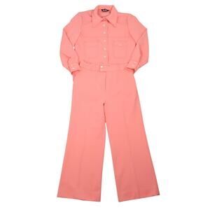Vintage 70s Jack Winter Coral Orange Shirt and Pants Suit Set M